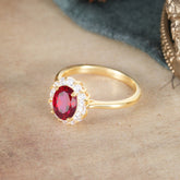 1.5 Carat Classic Halo 4 Prong Ruby Ring Oval Shaped Engagement Ring